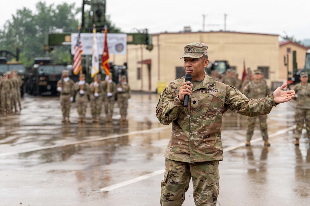 Lt. Col. Frederick T. Dequina, outgoing commander, delivers remarks during the 25th Transportation Battalion Change of Command Ceremony.