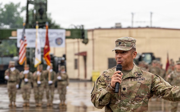 Lt. Col. Frederick T. Dequina, outgoing commander, delivers remarks during the 25th Transportation Battalion Change of Command Ceremony.