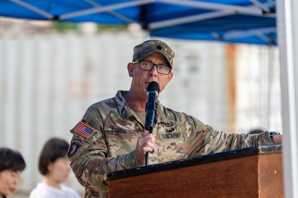 Lt. Col. Jeremy R. Dixon, incoming commander, delivers remarks during the 25th Transportation Battalion Change of Command Ceremony.