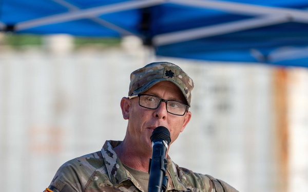 Lt. Col. Jeremy R. Dixon, incoming commander, delivers remarks during the 25th Transportation Battalion Change of Command Ceremony.