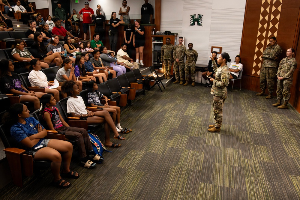 94th Army Air and Missile Defense Command Soldiers help kickoff the University of Hawaii at Manoa's 2026 Girl's Youth Impact Program Draft Night