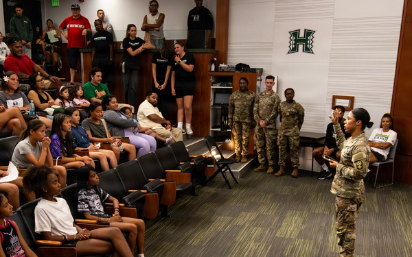 94th Army Air and Missile Defense Command Soldiers help kickoff the University of Hawaii at Manoa's 2026 Girl's Youth Impact Program Draft Night
