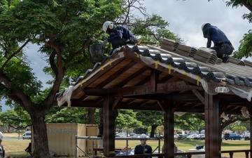 ROK Navy Sailors construct a pagoda at Pearl Harbor for RIMPAC 2026