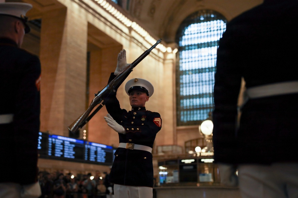 U.S. Marine Corps Silent Drill Platoon performs at Grand Central