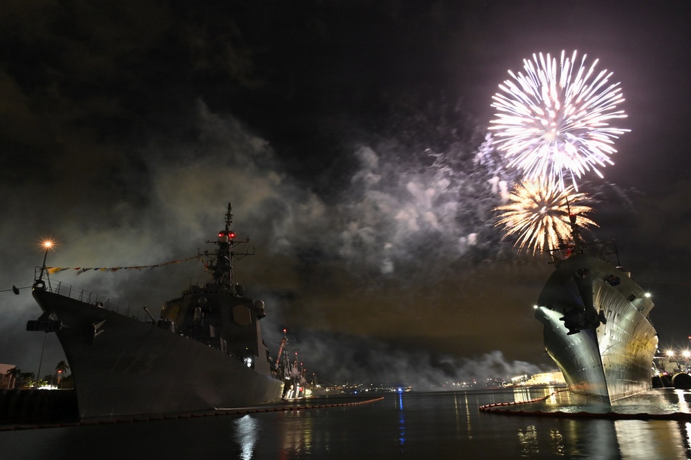 Fireworks Illuminate JS KONGO During U.S. Independence Day Celebration