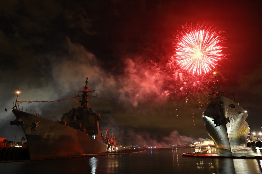 Fireworks Illuminate JS KONGO During U.S. Independence Day Celebration