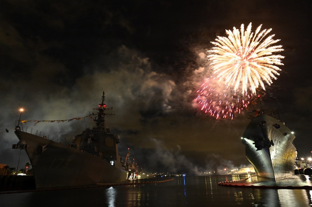 Fireworks Illuminate JS Kongo During Fourth of July Celebration at Pearl Harbor