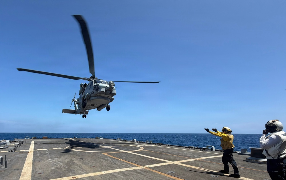 U.S. Navy Sailors stage water donated by the Netherlands for transfer aboard the littoral combat ship USS Billings (LCS 15) while underway off the coast of Venezuela, July 2, 2026.