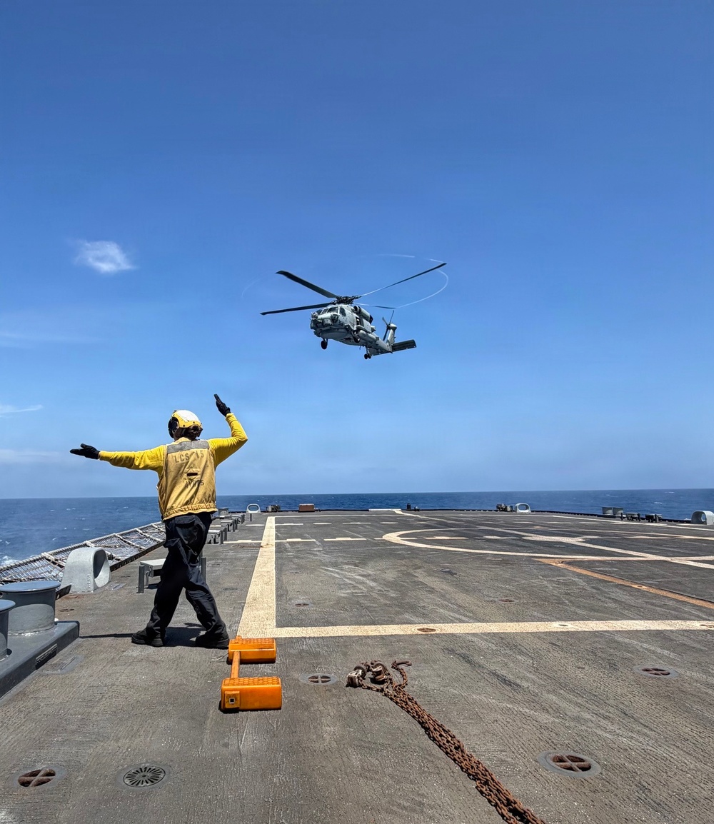 U.S. Navy Sailors stage water donated by the Netherlands for transfer aboard the littoral combat ship USS Billings (LCS 15) while underway off the coast of Venezuela, July 2, 2026.