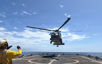 An MH-60R Seahawk helicopter, assigned to Helicopter Maritime Strike Squadron (HSM) 48, readies for flight aboard the littoral combat ship USS Billings (LCS 15) while operating in the Caribbean Sea off the coast of Venezuela, July 6, 2026.
