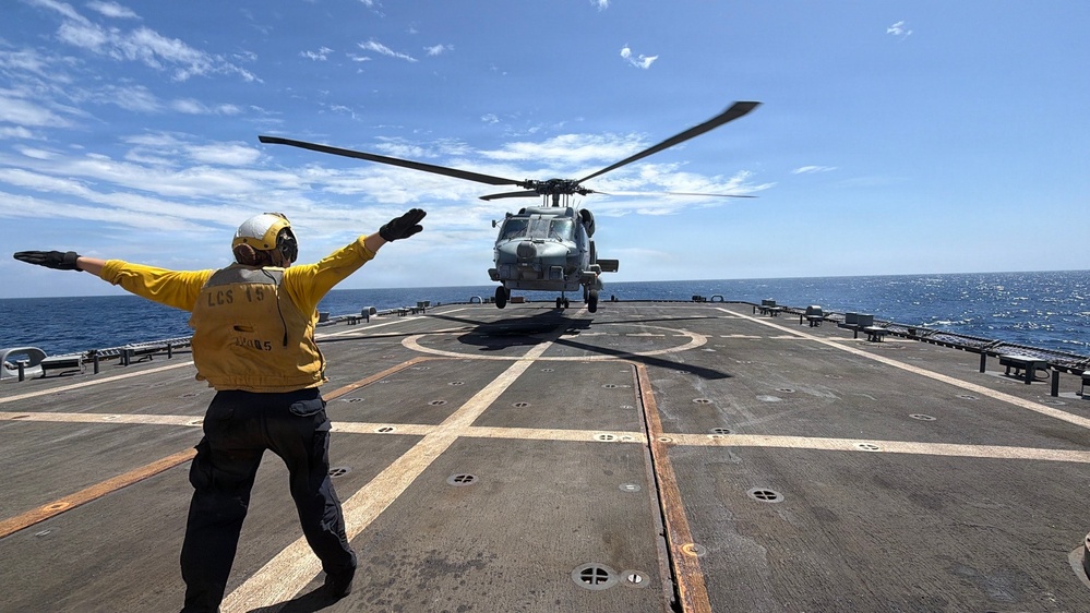 An MH-60R Seahawk helicopter, assigned to Helicopter Maritime Strike Squadron (HSM) 48, readies for flight aboard the littoral combat ship USS Billings (LCS 15) while operating in the Caribbean Sea off the coast of Venezuela, July 6, 2026.