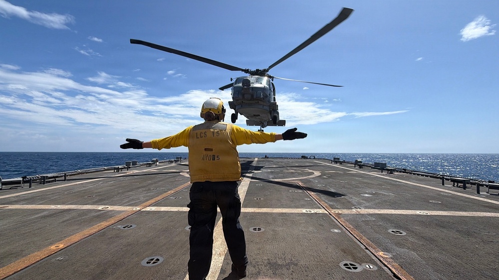 An MH-60R Seahawk helicopter, assigned to Helicopter Maritime Strike Squadron (HSM) 48, readies for flight aboard the littoral combat ship USS Billings (LCS 15) while operating in the Caribbean Sea off the coast of Venezuela, July 6, 2026.