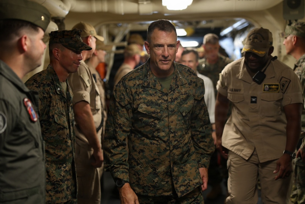 U.S. Marine Corps Gen. Francis L. Donovan, commander of U.S. Southern Command, is welcomed aboard the San Antonio-class amphibious transport dock ship USS Fort Lauderdale (LPD 28) in La Guaira, Venezuela, July 6, 2026.