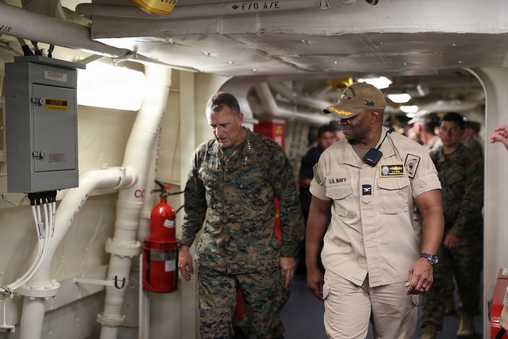 U.S. Marine Corps Gen. Francis L. Donovan, left, commander of U.S. Southern Command, tours the San Antonio-class amphibious transport dock ship USS Fort Lauderdale (LPD 28) in La Guaira, Venezuela, July 6, 2026.