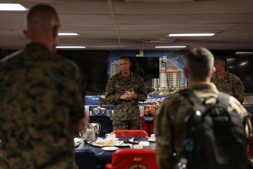 U.S. Marine Corps Gen. Francis L. Donovan, commander of U.S. Southern Command, addresses the crew of the San Antonio-class amphibious transport dock ship USS Fort Lauderdale (LPD 28) in La Guaira, Venezuela, July 6, 2026.