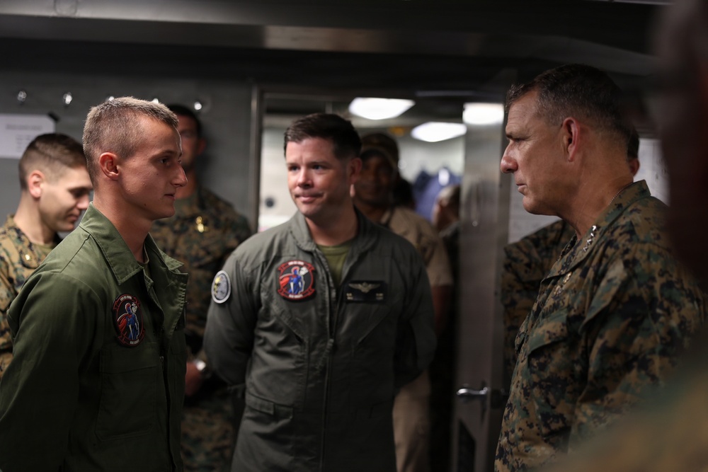 U.S. Marine Corps Gen. Francis L. Donovan, commander of U.S. Southern Command, meets with U.S. Marines aboard the San Antonio-class amphibious transport dock ship USS Fort Lauderdale (LPD 28) in La Guaira, Venezuela, July 6, 2026.
