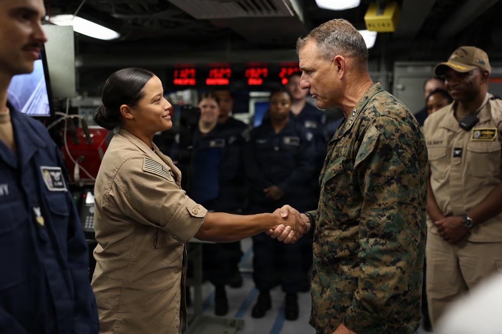 U.S. Marine Corps Gen. Francis L. Donovan, commander of U.S. Southern Command, meets with U.S. Sailors aboard the San Antonio-class amphibious transport dock ship USS Fort Lauderdale (LPD 28) in La Guaira, Venezuela, July 6, 2026.