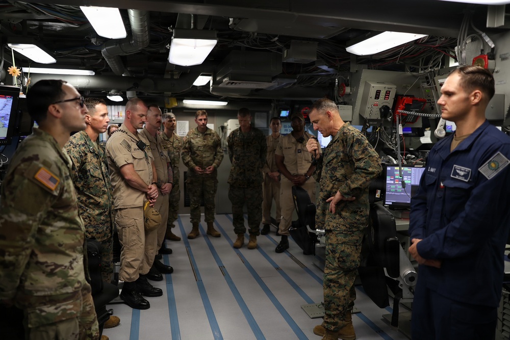 U.S. Marine Corps Gen. Francis L. Donovan, commander of U.S. Southern Command, addresses the crew of the San Antonio-class amphibious transport dock ship USS Fort Lauderdale.