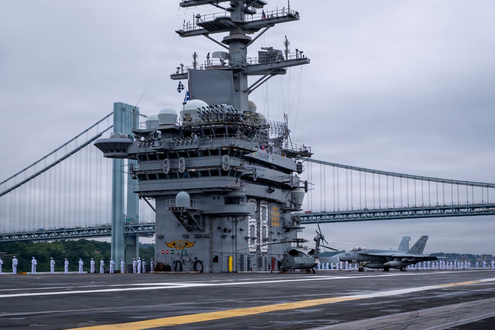 Nimitz Sailors Man The Rails As The Ship Pulls Out Of New York Harbor