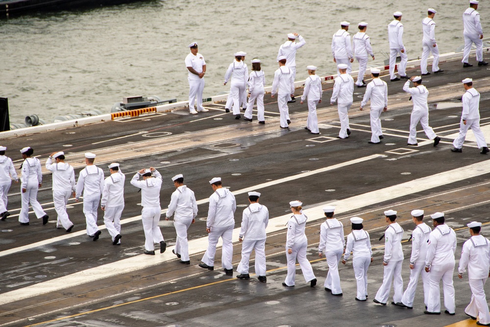 Nimitz Sailors Man The Rails as The Ship Pulls Out of New York