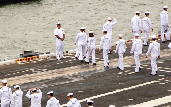 Nimitz Sailors Man The Rails as The Ship Pulls Out of New York