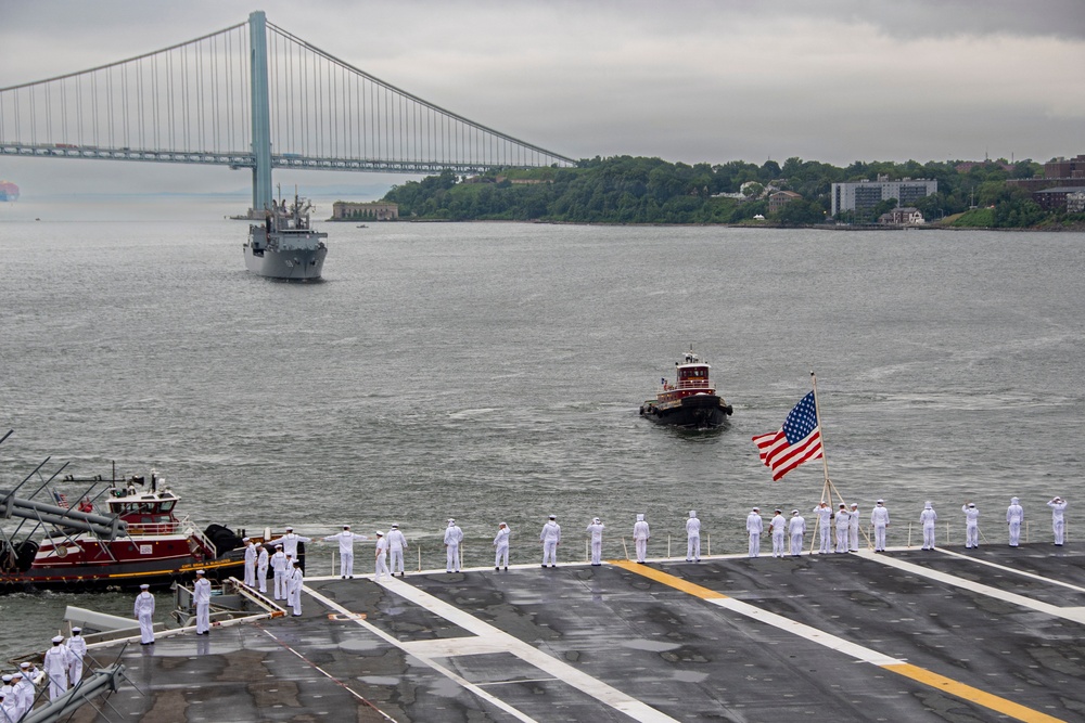 Nimitz Sailors Man The Rails as The Ship Pulls Out of New York