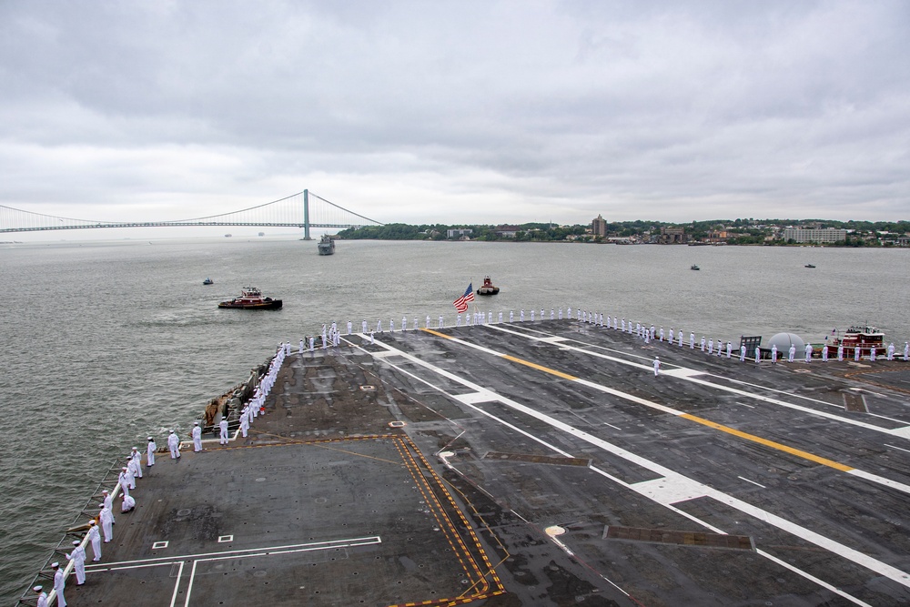 Nimitz Sailors Man The Rails as The Ship Pulls Out of New York
