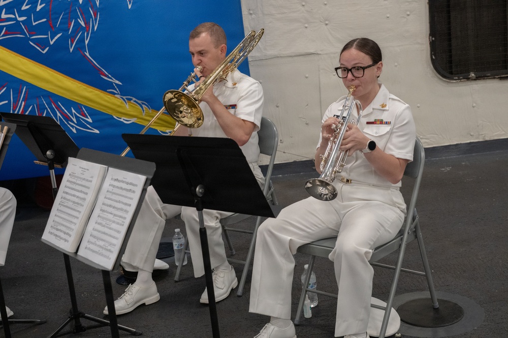 U.S. Navy Band Brass Quintet perform at the International Naval Review Closing Ceremony