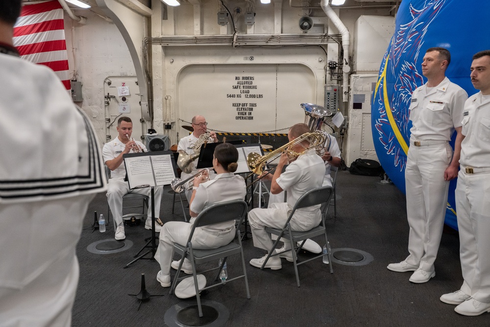 U.S. Navy Band Brass Quintet perform at the International Naval Review Closing Ceremony