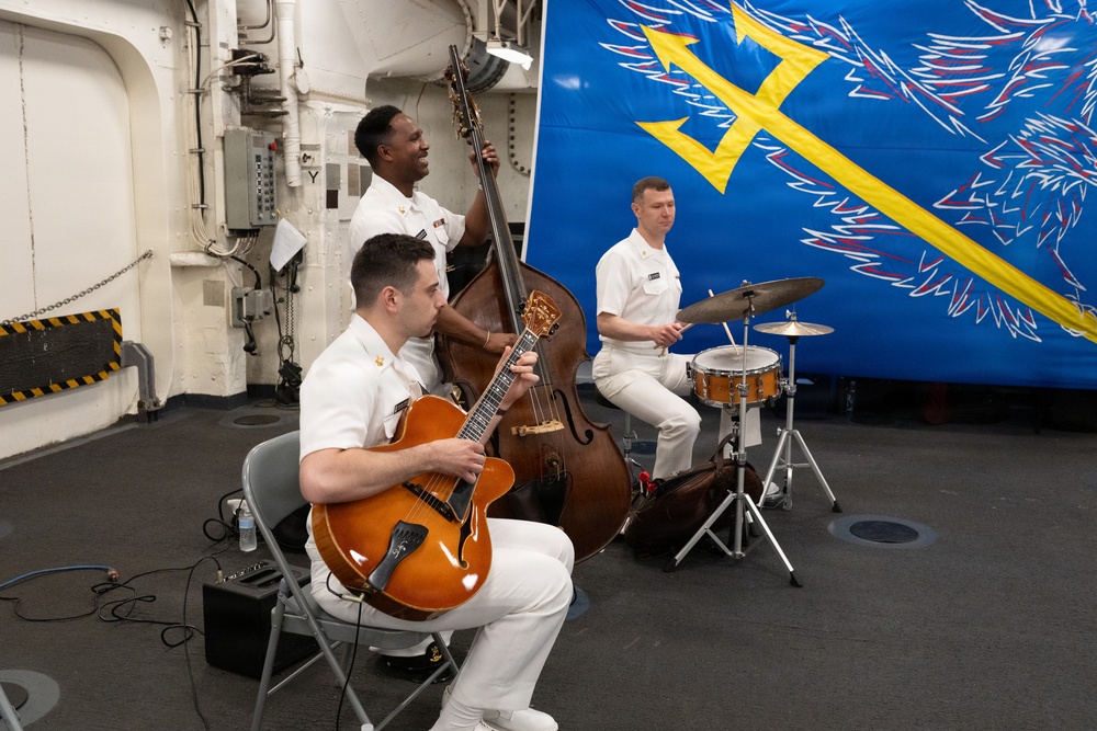 U.S. Navy Band Commodores Jazz Combo perform at the International Naval Review Closing Ceremony
