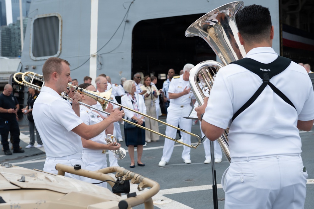 U.S. Navy Band Brass Quintet perform at the International Naval Review Closing Ceremony