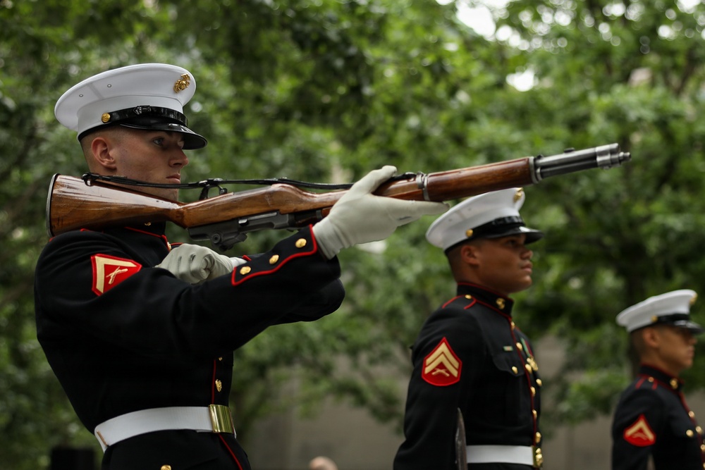 U.S. Marine Corps Silent Drill Platoon performs at 9/11 Memorial