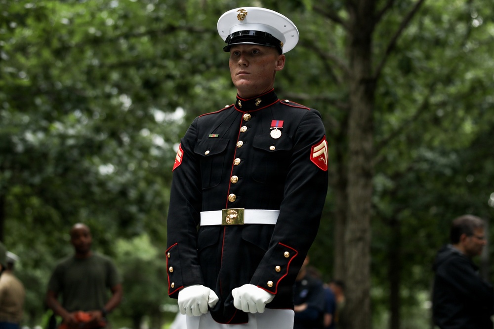 U.S. Marine Corps Silent Drill Platoon performs at 9/11 Memorial