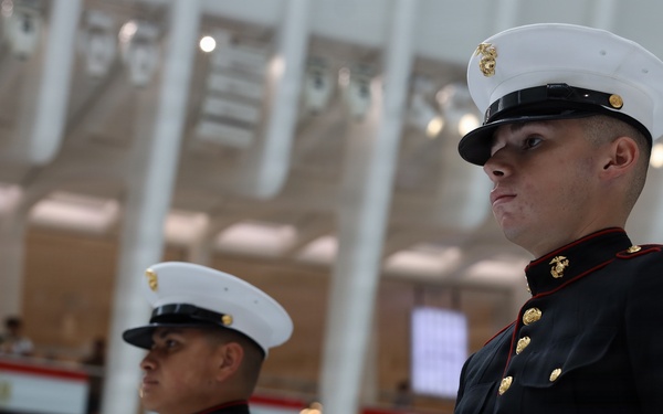U.S. Marine Corps Silent Drill Platoon performs at World Trade Center Oculus