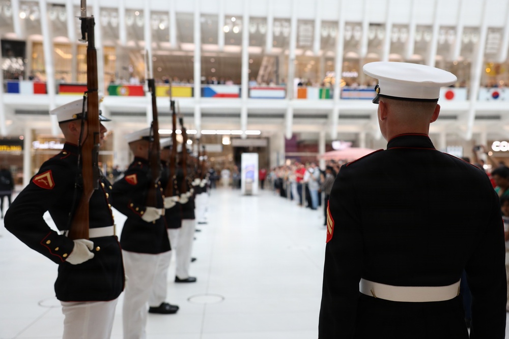 U.S. Marine Corps Silent Drill Platoon performs at World Trade Center Oculus