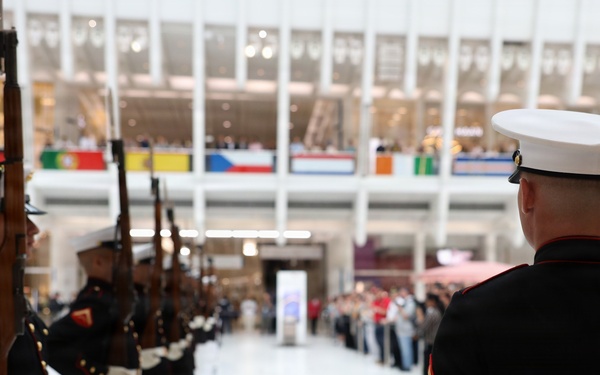 U.S. Marine Corps Silent Drill Platoon performs at World Trade Center Oculus