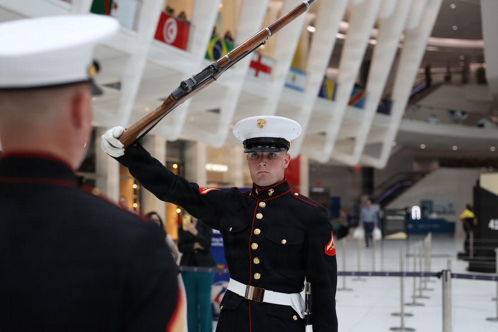 U.S. Marine Corps Silent Drill Platoon performs at World Trade Center Oculus