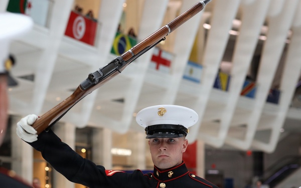 U.S. Marine Corps Silent Drill Platoon performs at World Trade Center Oculus