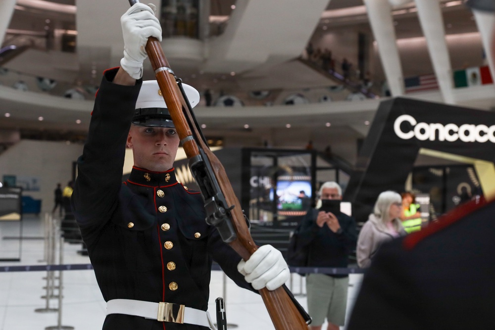 U.S. Marine Corps Silent Drill Platoon performs at World Trade Center Oculus