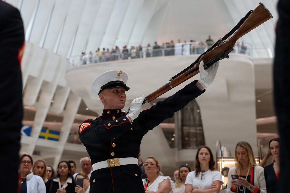 U.S. Marine Corps Silent Drill Platoon performs at World Trade Center Oculus