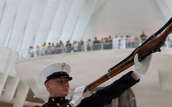 U.S. Marine Corps Silent Drill Platoon performs at World Trade Center Oculus