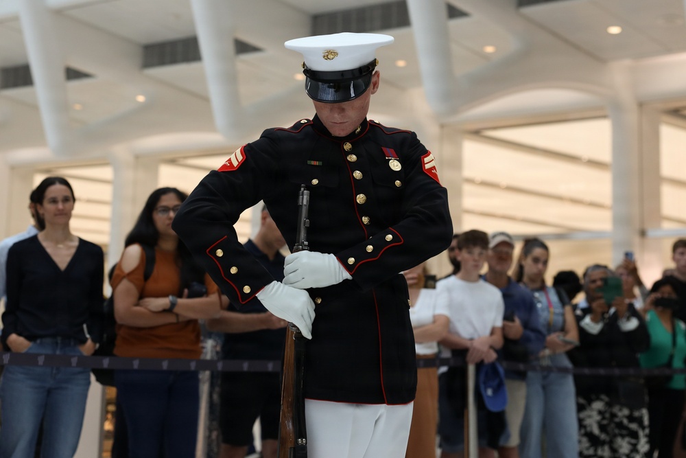 U.S. Marine Corps Silent Drill Platoon performs at World Trade Center Oculus