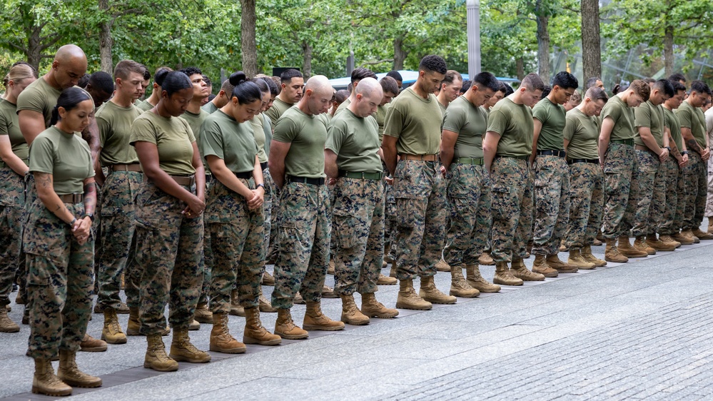 U.S. Marines observe a moment of silence at Ground Zero