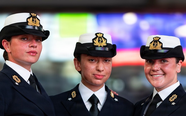 British Royal Navy Sailors pose for a photo in Times Square in New York-INR250