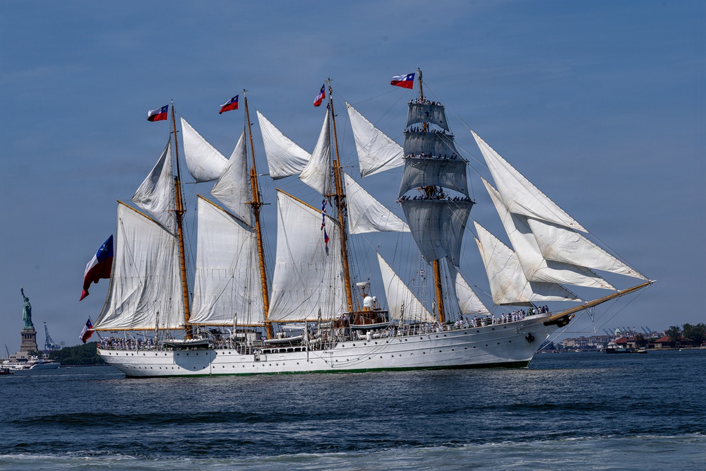 ESMERALDA, a 371-foot steel-hulled four-masted barquentine tall ship of the Chilean Navy sails through the New York