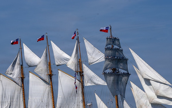ESMERALDA, a 371-foot steel-hulled four-masted barquentine tall ship of the Chilean Navy sails through the New York