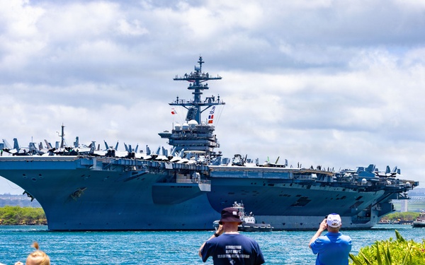 U.S.S. Theodore Roosevelt departs Pearl Harbor during RIMPAC 2026