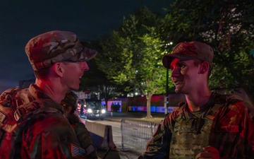 Mississippi Army National Guard commander shakes hands with Soldiers after supporting America 250