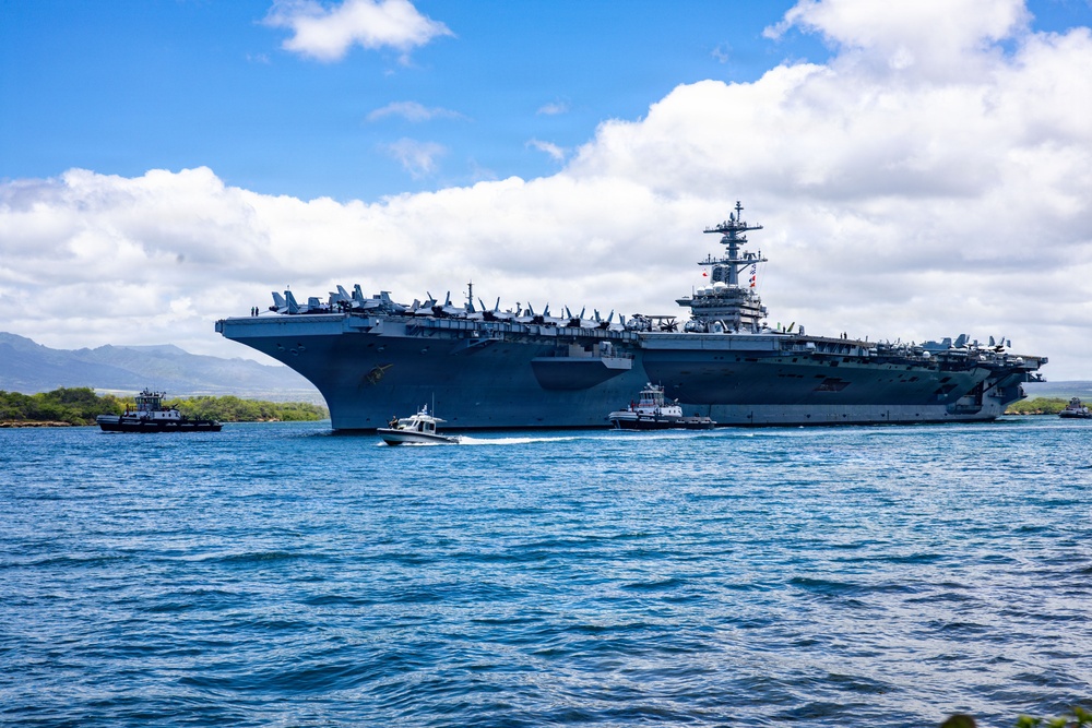U.S.S. Theodore Roosevelt departs Pearl Harbor during RIMPAC 2026