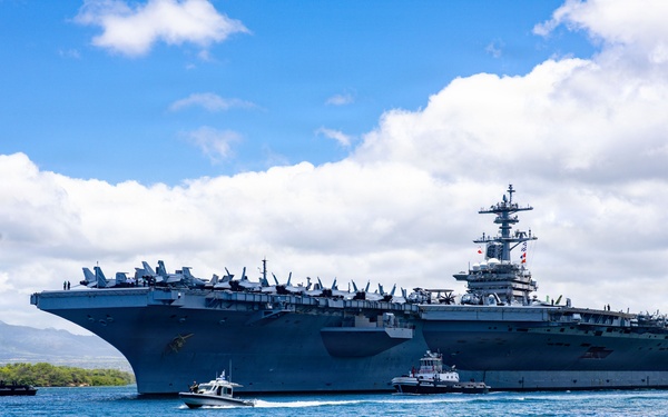 U.S.S. Theodore Roosevelt departs Pearl Harbor during RIMPAC 2026
